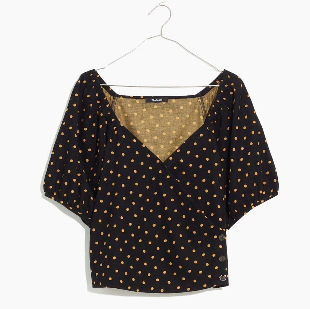 ☆ SOLD ☆ Madewell Corduroy Puff-Sleeve Wrap Top in Oval Dot - Picture 5 of 11